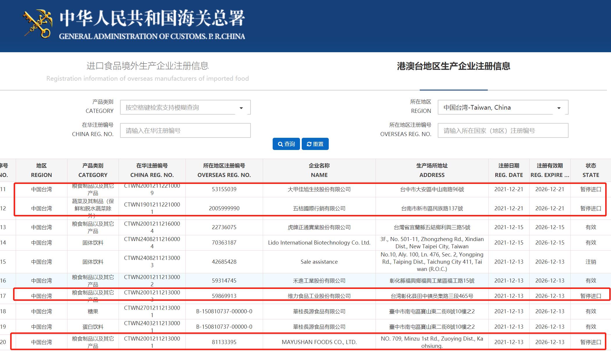 海关暂停台湾100多家食品公司进口通知